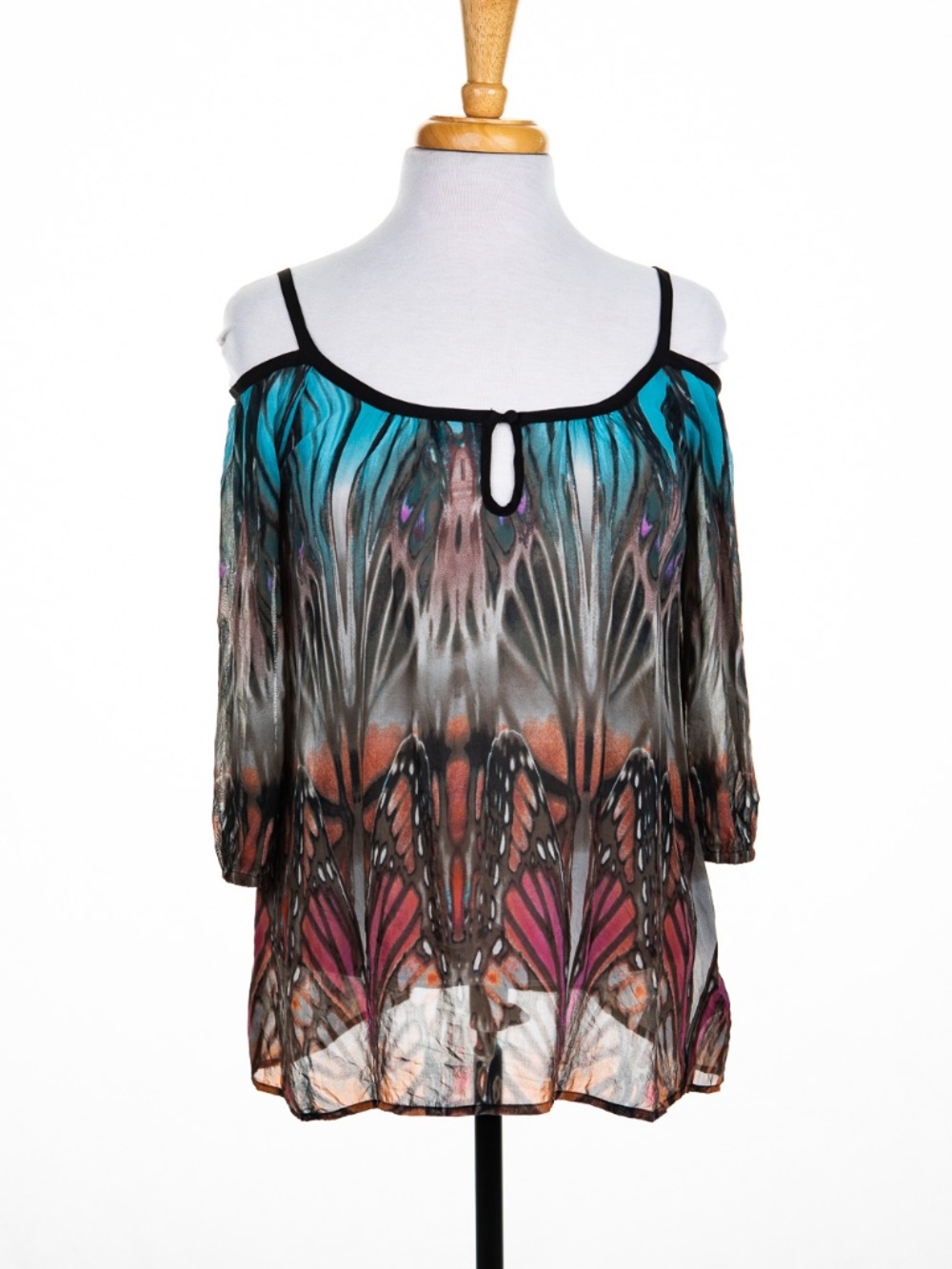 Bebe 100% Silk Butterfly Print Cold-Shoulder Blouse size small